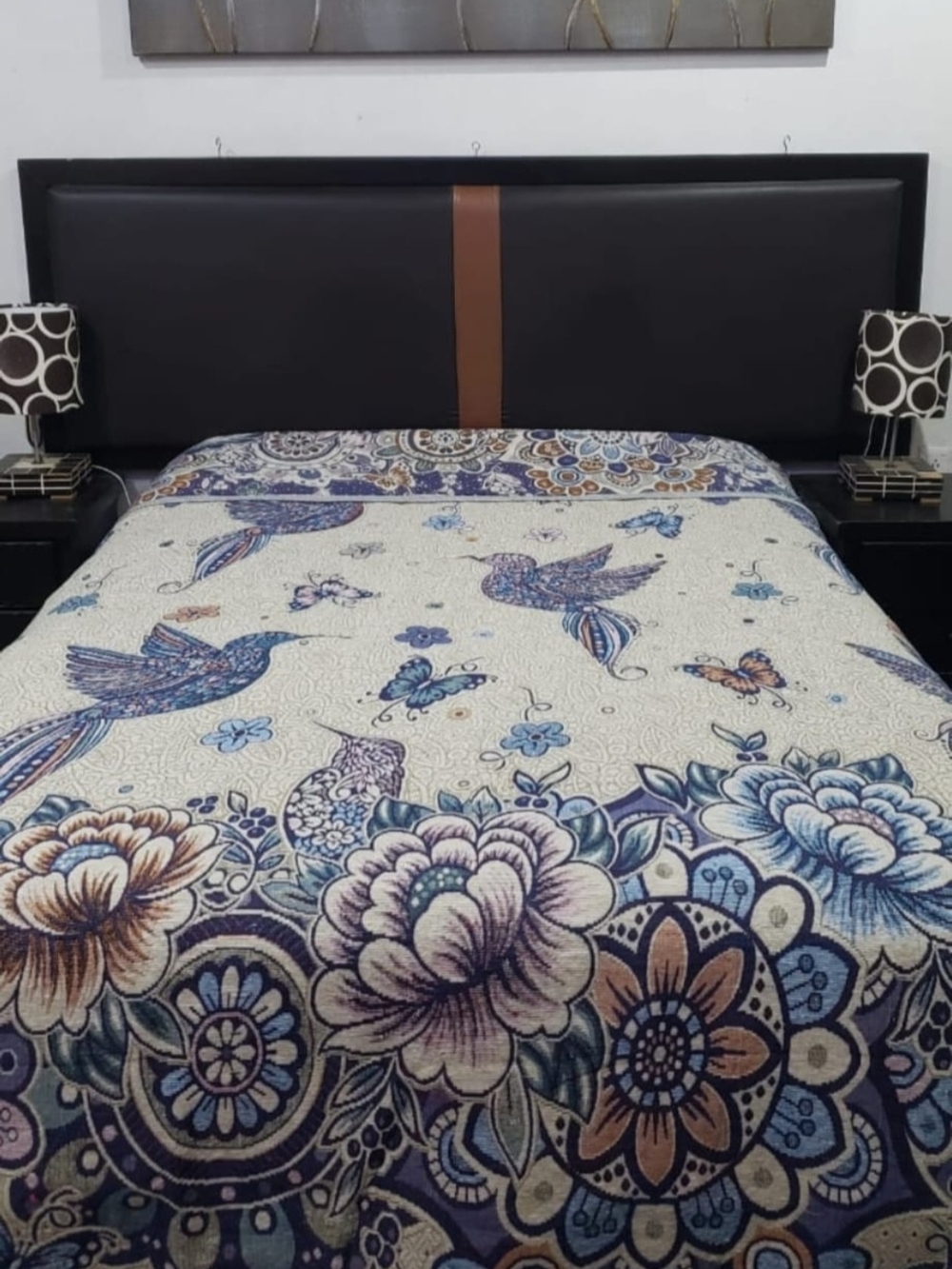 Beautiful Mexican Blue and Cream Floral Hummingbird  Quilted Bedspread King Size